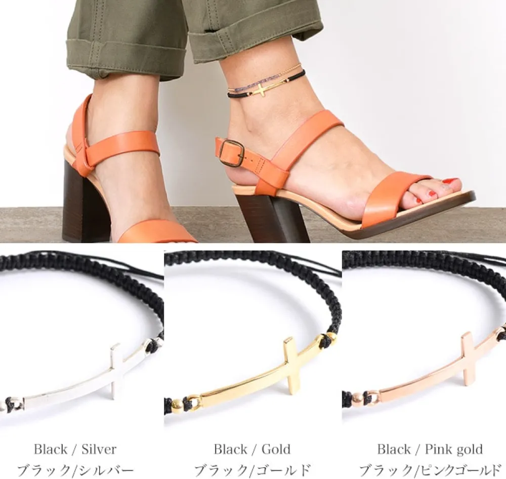 CHALISA T.. Anklets^/ Flattened Silver Cross Knotted Cord Anklet