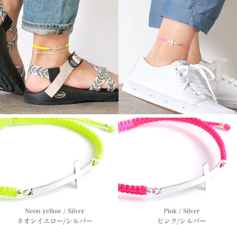 CHALISA T.. Anklets^/ Flattened Silver Cross Knotted Cord Anklet