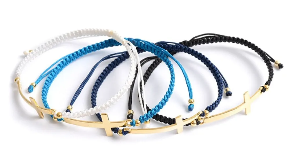 CHALISA T.. Anklets^/ Flattened Silver Cross Knotted Cord Anklet