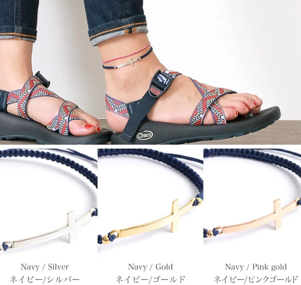CHALISA T.. Anklets^/ Flattened Silver Cross Knotted Cord Anklet