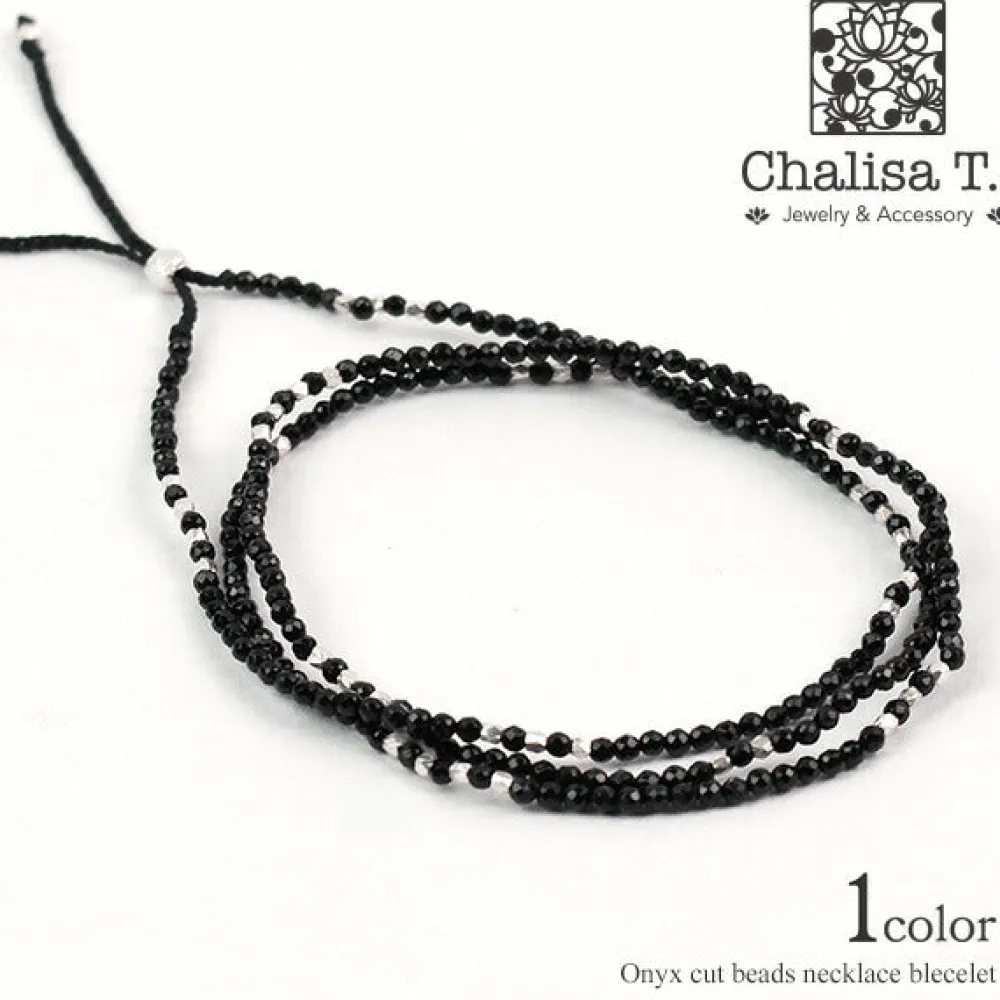 CHALISA T.. Anklets^/ Onyx 2mm cut beads 2 way accessory necklace/bracelet black