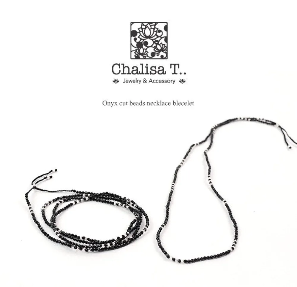 CHALISA T.. Anklets^/ Onyx 2mm cut beads 2 way accessory necklace/bracelet black