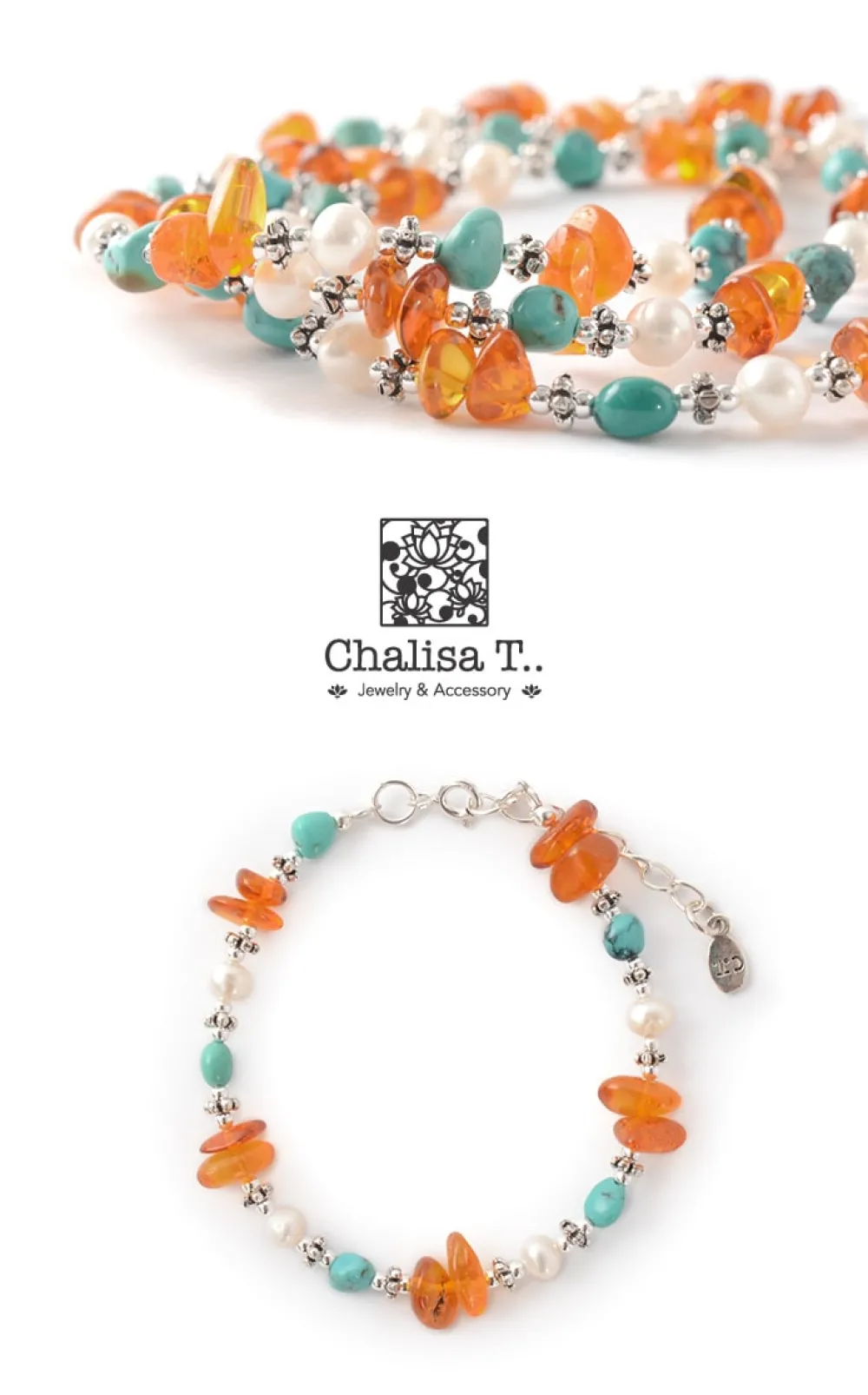 CHALISA T.. Anklets^/ Turquoise Amber Pearl Combi Bracelet silver