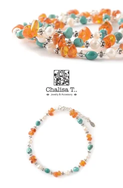 CHALISA T.. Anklets^/ Turquoise Amber Pearl Combi Anklet silver