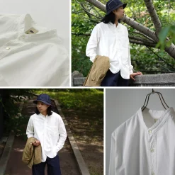 FOB FACTORY Shirts^/ F3429 Long sleeve Ox band collar shirt white
