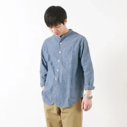 FOB FACTORY Shirts^/ F3428 Selvage chambray band collar shirt/long sleeves blue