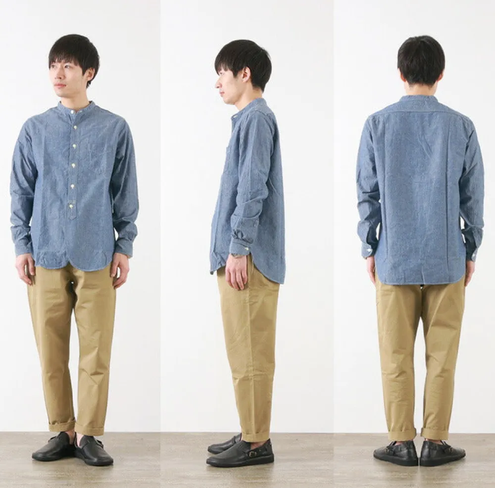 FOB FACTORY Shirts^/ F3428 Selvage chambray band collar shirt/long sleeves blue