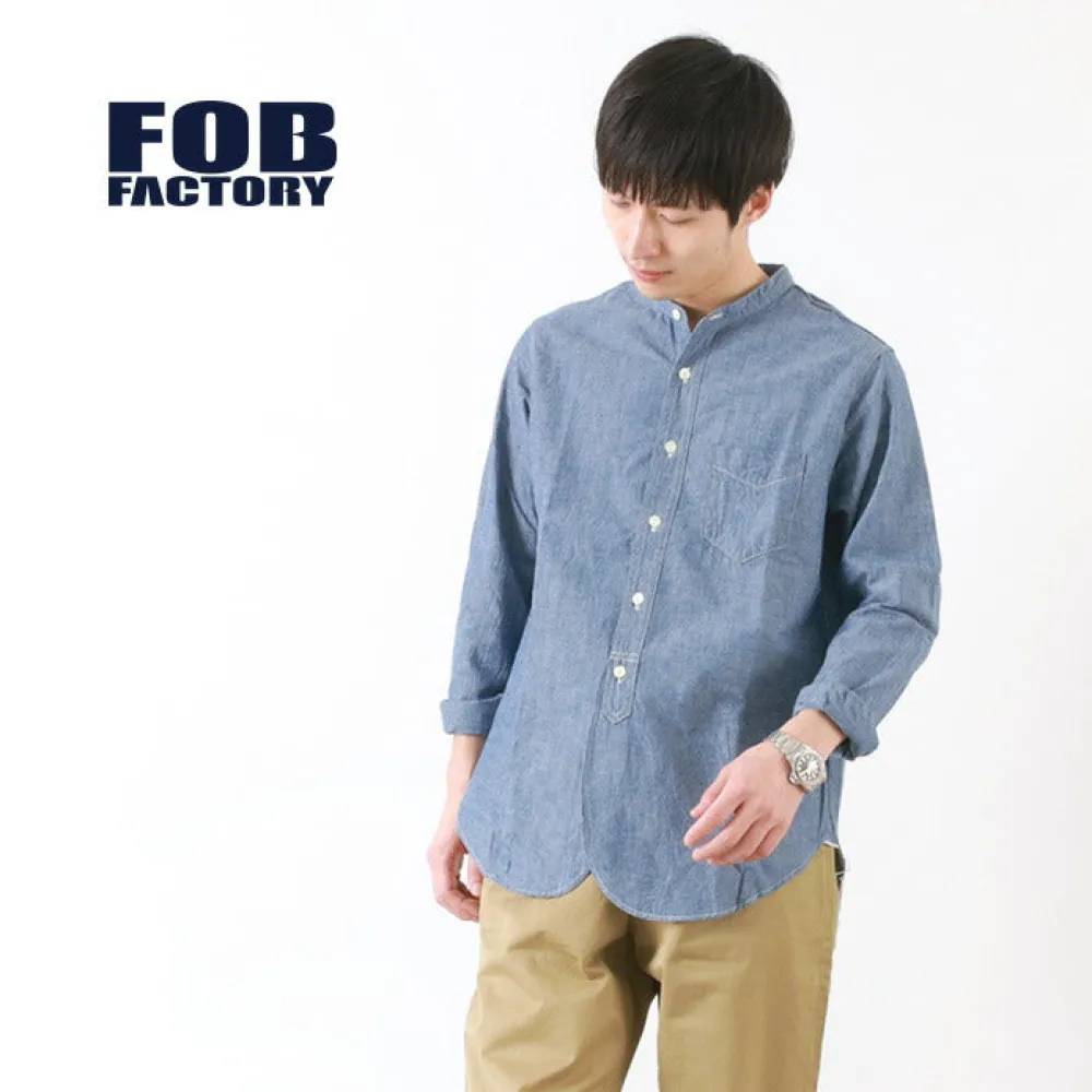FOB FACTORY Shirts^/ F3428 Selvage chambray band collar shirt/long sleeves blue