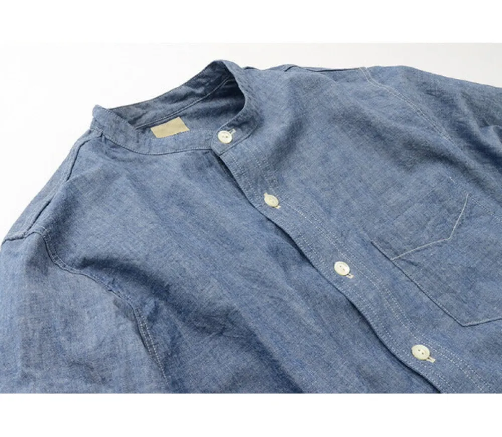 FOB FACTORY Shirts^/ F3428 Selvage chambray band collar shirt/long sleeves blue