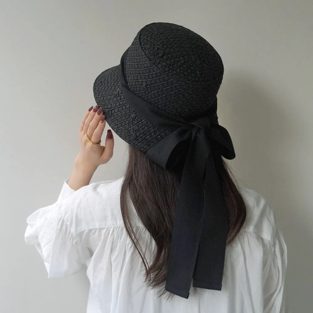 HICOSAKA Hats^/ Paper Knit Bucket Ribbon Hat black