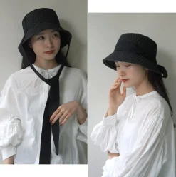 HICOSAKA Hats^/ Paper Knit Bucket Ribbon Hat black