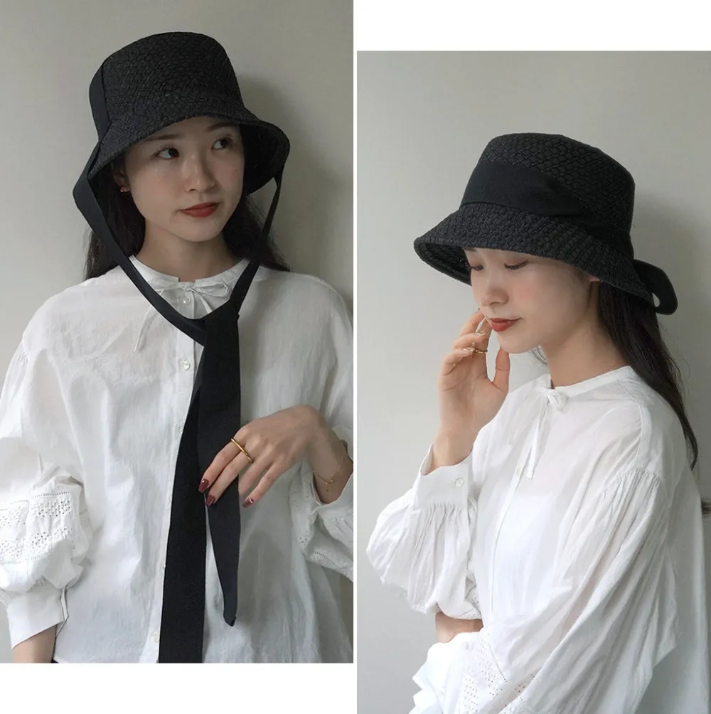 HICOSAKA Hats^/ Paper Knit Bucket Ribbon Hat black