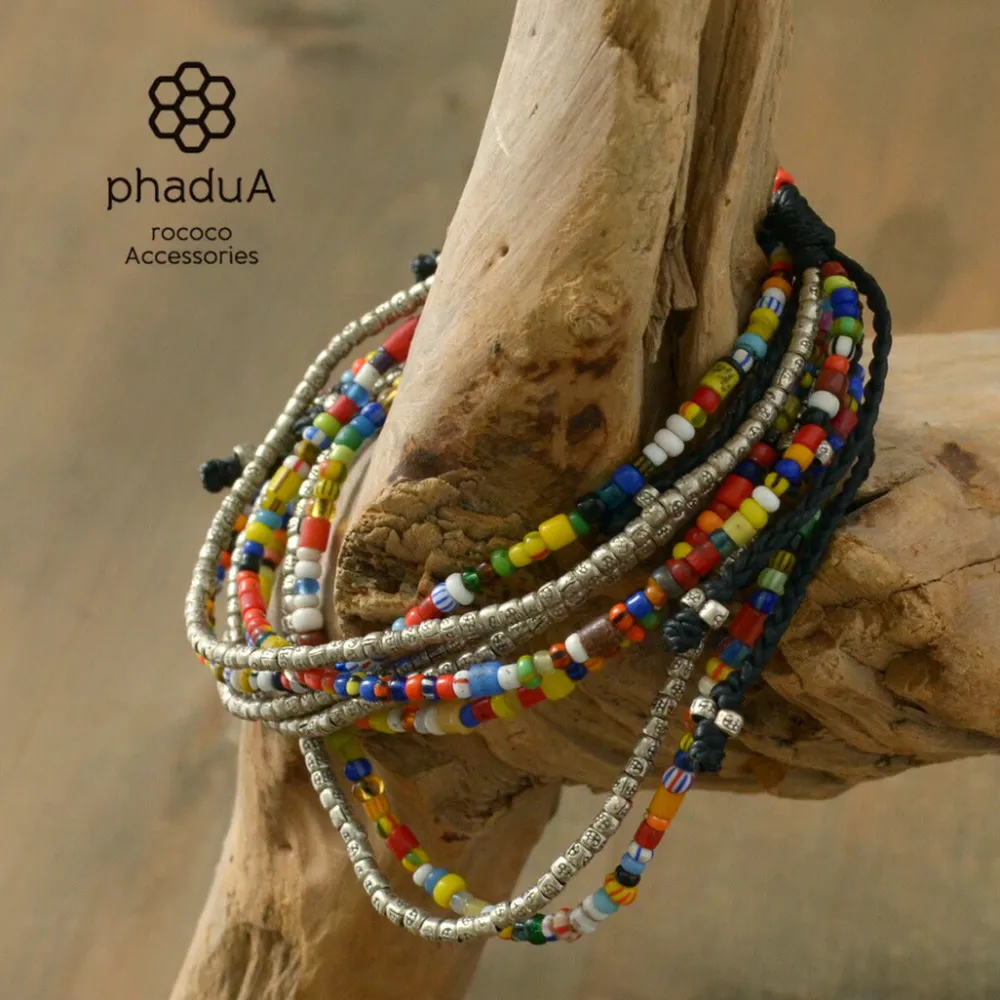 PHADUA Anklets^/ 2-strand waxed cord African bead anklet black