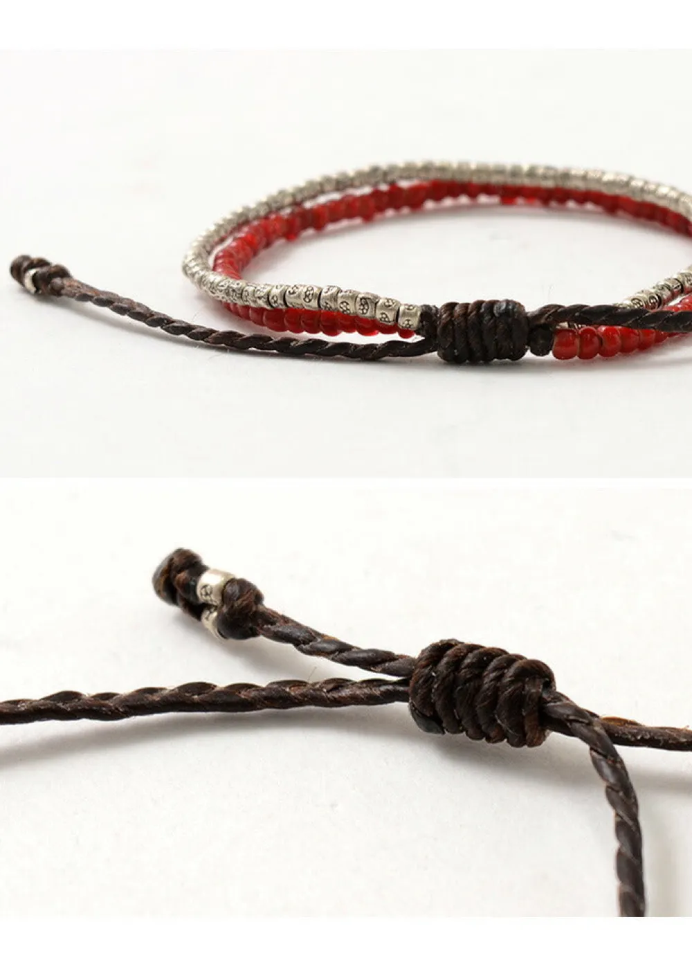 PHADUA Bracelets^/ Two strands waxed cord bracelet (white heart/silver) red