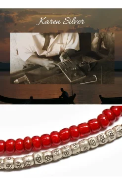 PHADUA Anklets^/ Two strands waxed cord anklet (white heart/silver) red