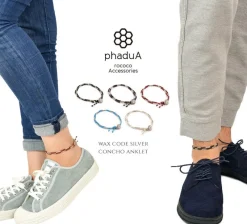 PHADUA Anklets^/ Two-strand anklet with waxed cord and silver concho