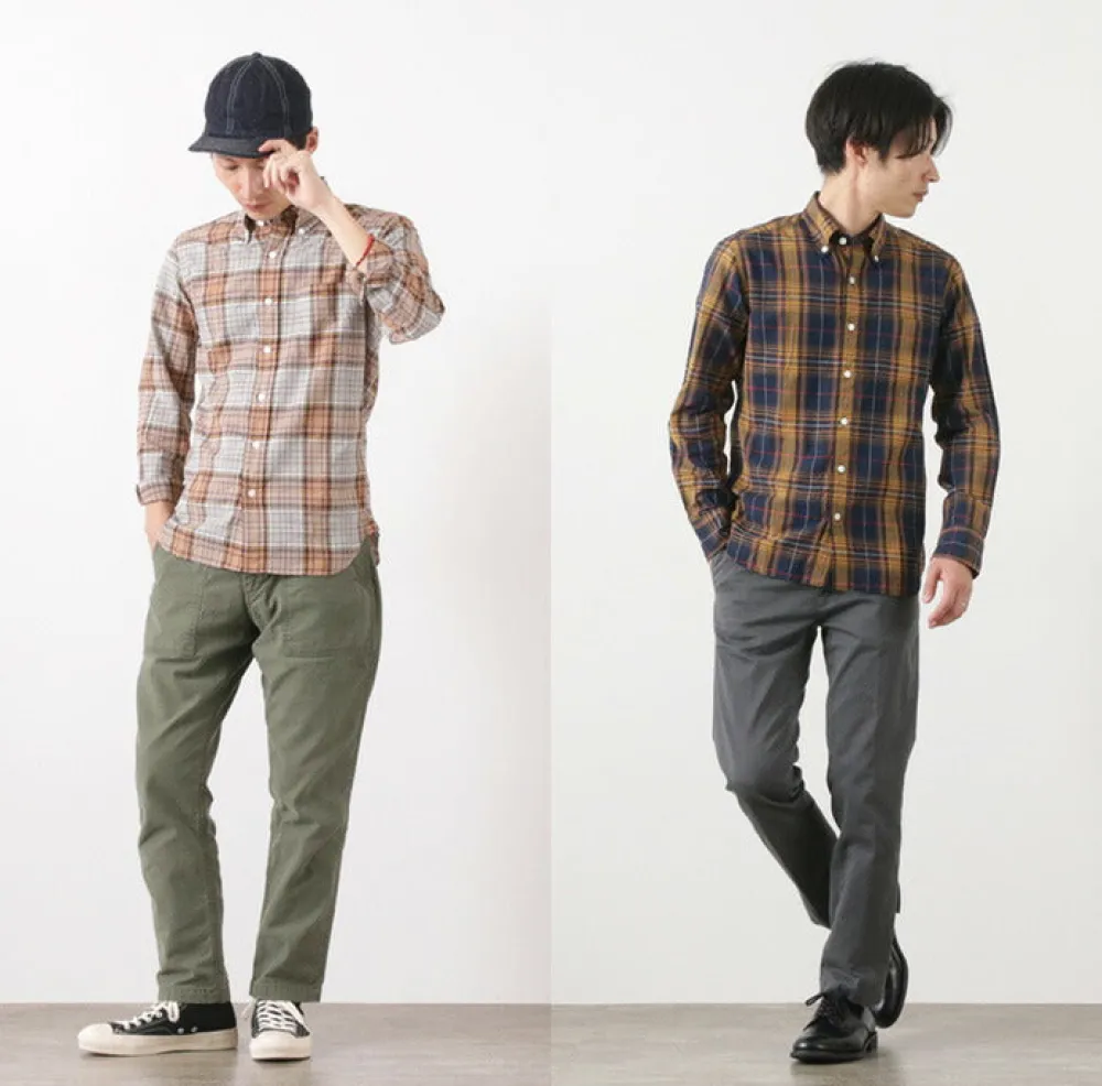 ROCOCO Shirts^/ Cotton Linen Madras Check Button-down Shirt