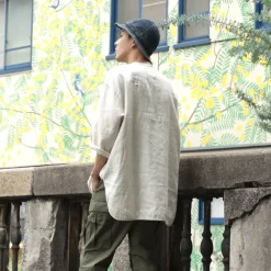 ROCOCO T-Shirts^/ Linen cloth Henley Neck T-Shirt