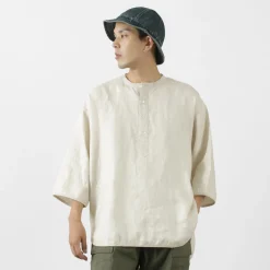 ROCOCO T-Shirts^/ Linen cloth Henley Neck T-Shirt