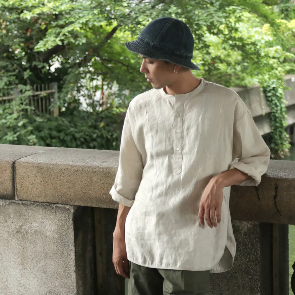 ROCOCO T-Shirts^/ Linen cloth Henley Neck T-Shirt