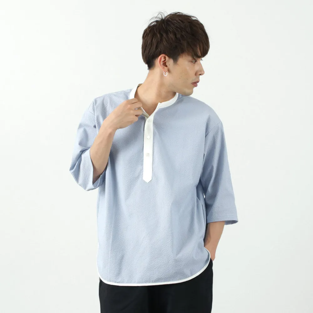 ROCOCO T-Shirts^/ Woven seersucker henley neck T-shirt
