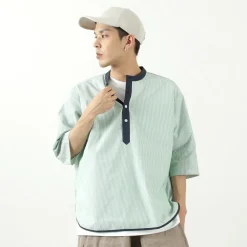 ROCOCO T-Shirts^/ Woven seersucker henley neck T-shirt