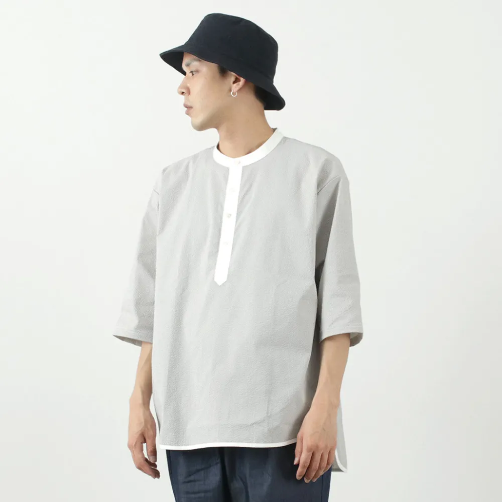 ROCOCO T-Shirts^/ Woven seersucker henley neck T-shirt