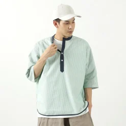 ROCOCO T-Shirts^/ Woven seersucker henley neck T-shirt