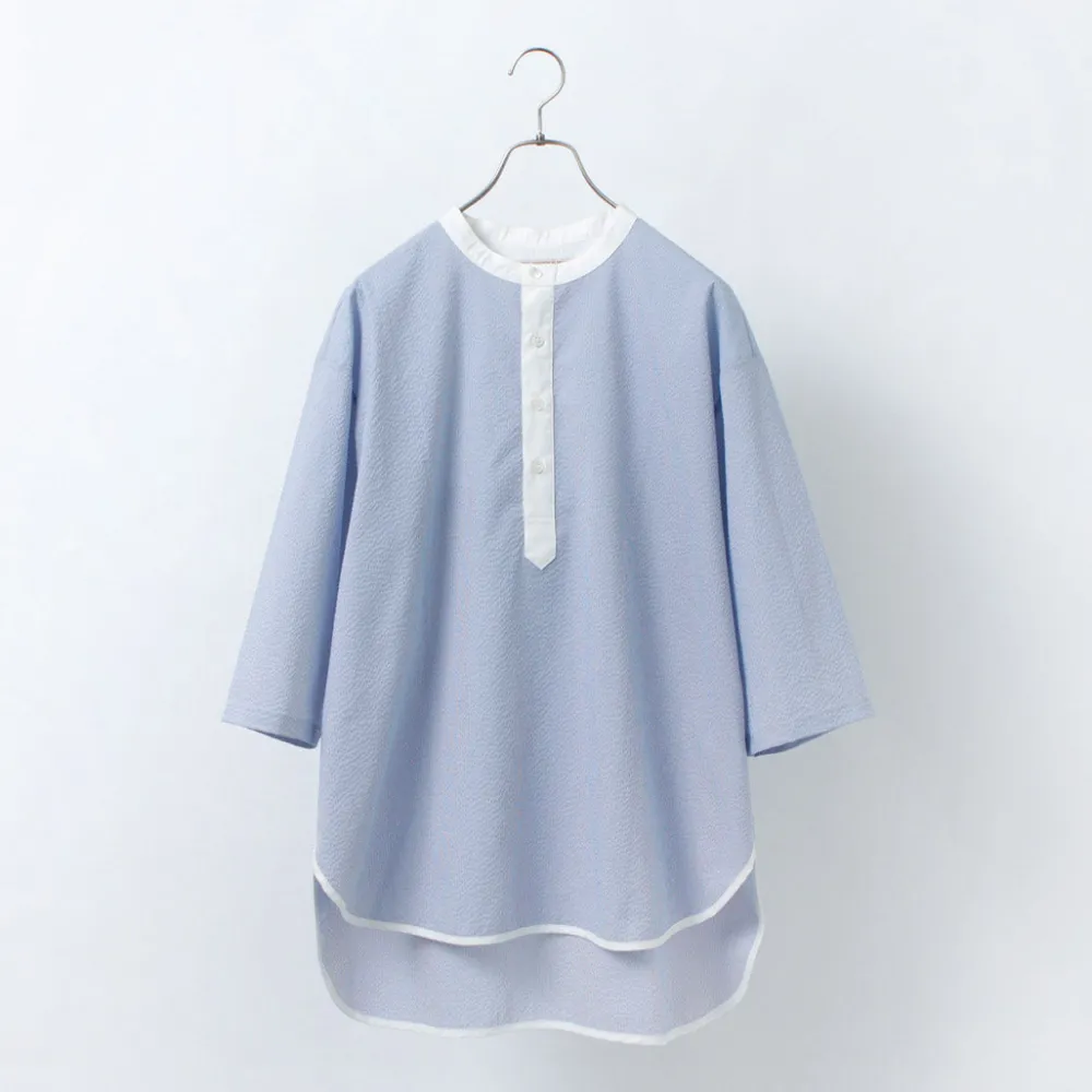 ROCOCO T-Shirts^/ Woven seersucker henley neck T-shirt