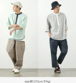 ROCOCO T-Shirts^/ Woven seersucker henley neck T-shirt