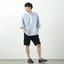 ROCOCO T-Shirts^/ Woven seersucker henley neck T-shirt