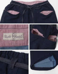 SLOW HANDS Trousers^/ Denim Stretch Pile Wandering Pants navy
