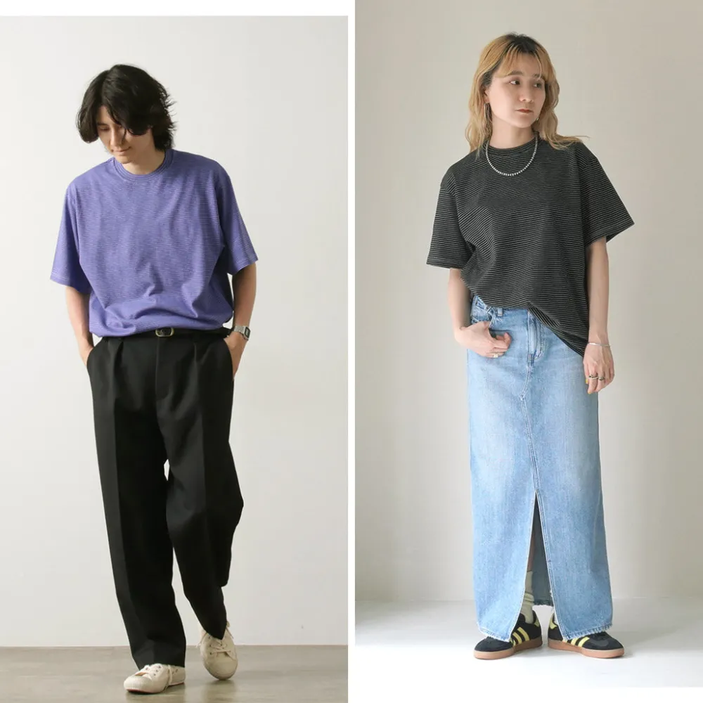 YONETOMI NEW BASIC T-Shirts^/ Garment Dye Striped T-Shirt